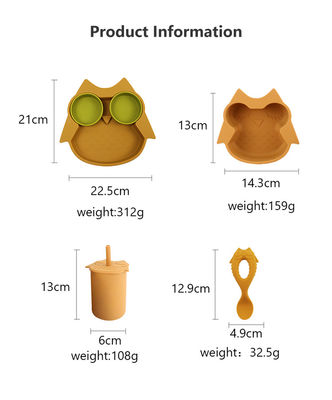 ชุดจานชามซิลิโคนอ่อนนุ่มทนทานชุดจานนกฮูกชามช้อน Sippy Cup Bib