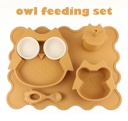 ชุดจานชามซิลิโคนอ่อนนุ่มทนทานชุดจานนกฮูกชามช้อน Sippy Cup Bib